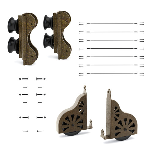 Quiet Glide Ladder Hardware Kit, 20in Wide, Double Roller, Sunburst Wheel, Antique Hammered Brass
