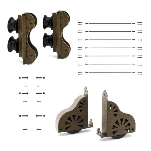 Quiet Glide Ladder Hardware Kit, 20in Wide, Double Roller, Sunburst Braking Wheel, Antique Hammered Brass