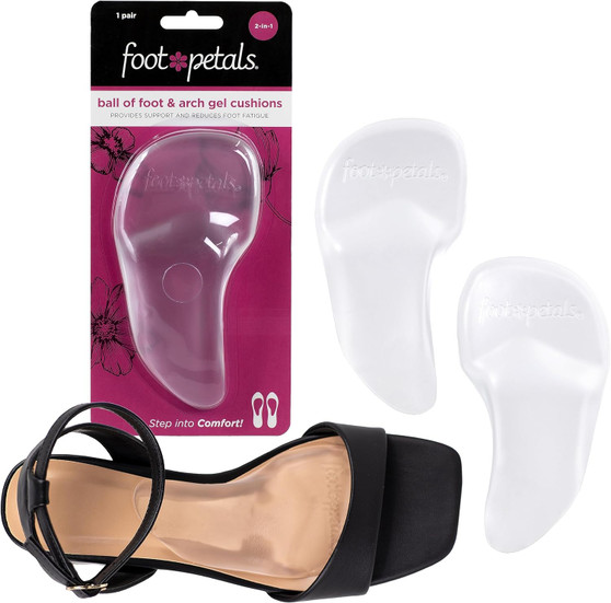 Ball-of-Foot and Arch Gel Cushions Packaging and Shoe