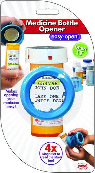 Jokari Easy Open Prescription Medicine Bottle Opener and Built in Magnifying Glass. Helps Read Medical Pharmacy Label Print to Ensure Taking Correct Pills and Dosage. Unscrews Caps Easily Too.