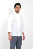 Front view of white men’s chef jacket with mandarin collar and handmade buttons