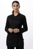 Front view of ladies’ chef jacket in black with press-stud closure