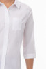 Front view of Women’s Modern Oxford Work Shirt in white with 3/4 sleeves and button closure