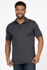 Front view of men’s form-fit black iron gray polo shirt with button placket