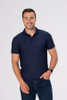 Front view of men’s form-fit navy blue polo shirt with button placket