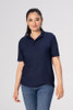 Front view of women’s fitted navy collared polo shirt with sleek silhouette