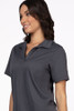 Front view of women’s form-fit iron gray polo shirt with button placket