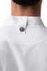 Back-collar apron holder with engraved snap tab on Men’s Springfield Tall Chef Coat