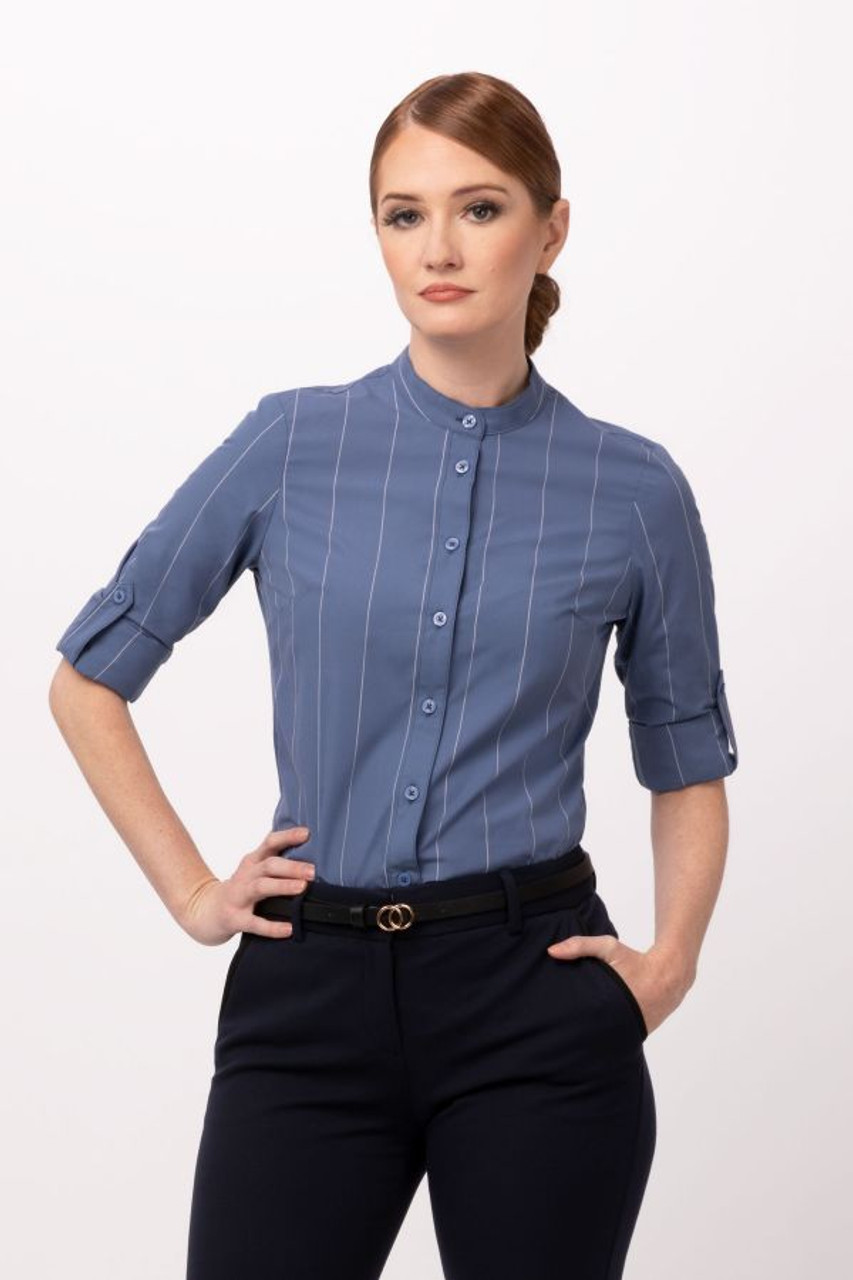 Womens Voce Striped Banded Collar Shirt