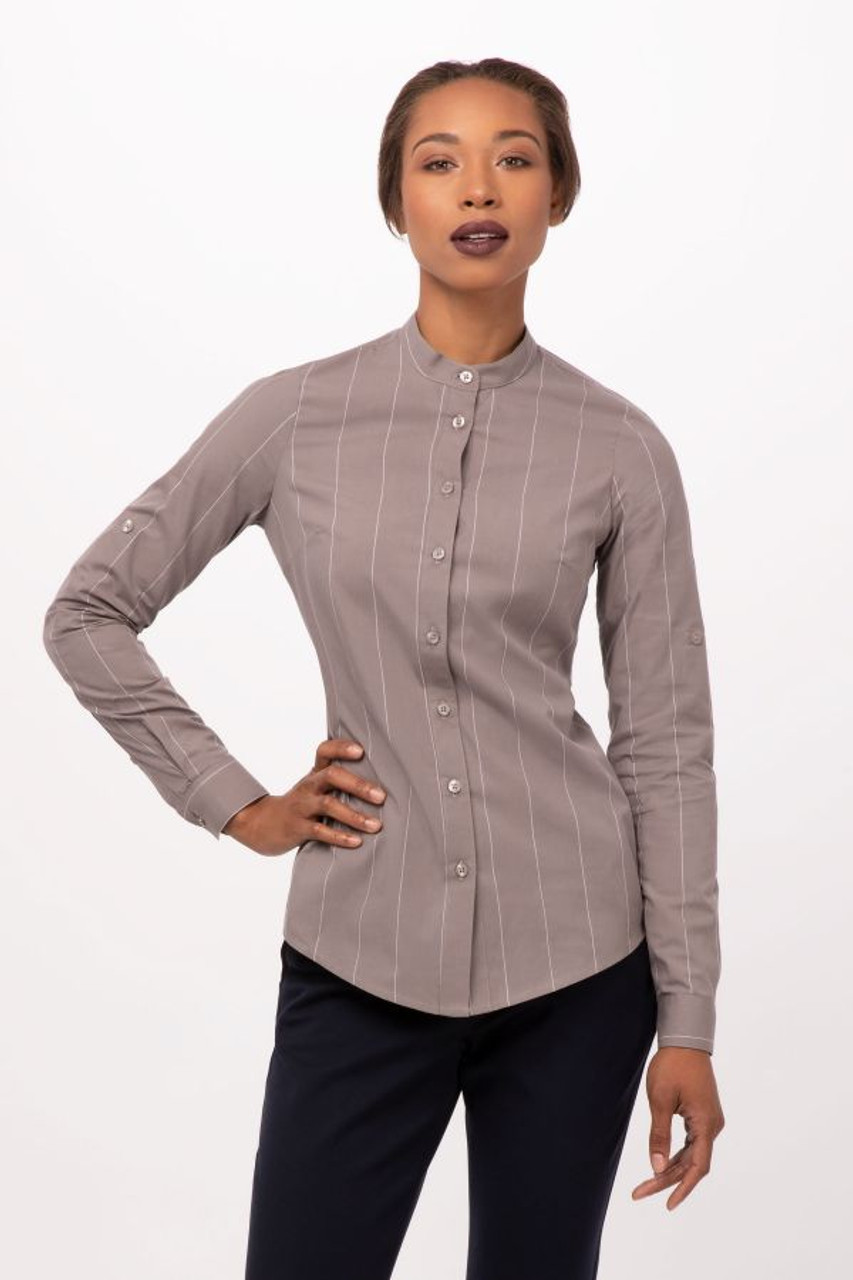 Womens Voce Striped Banded Collar Shirt