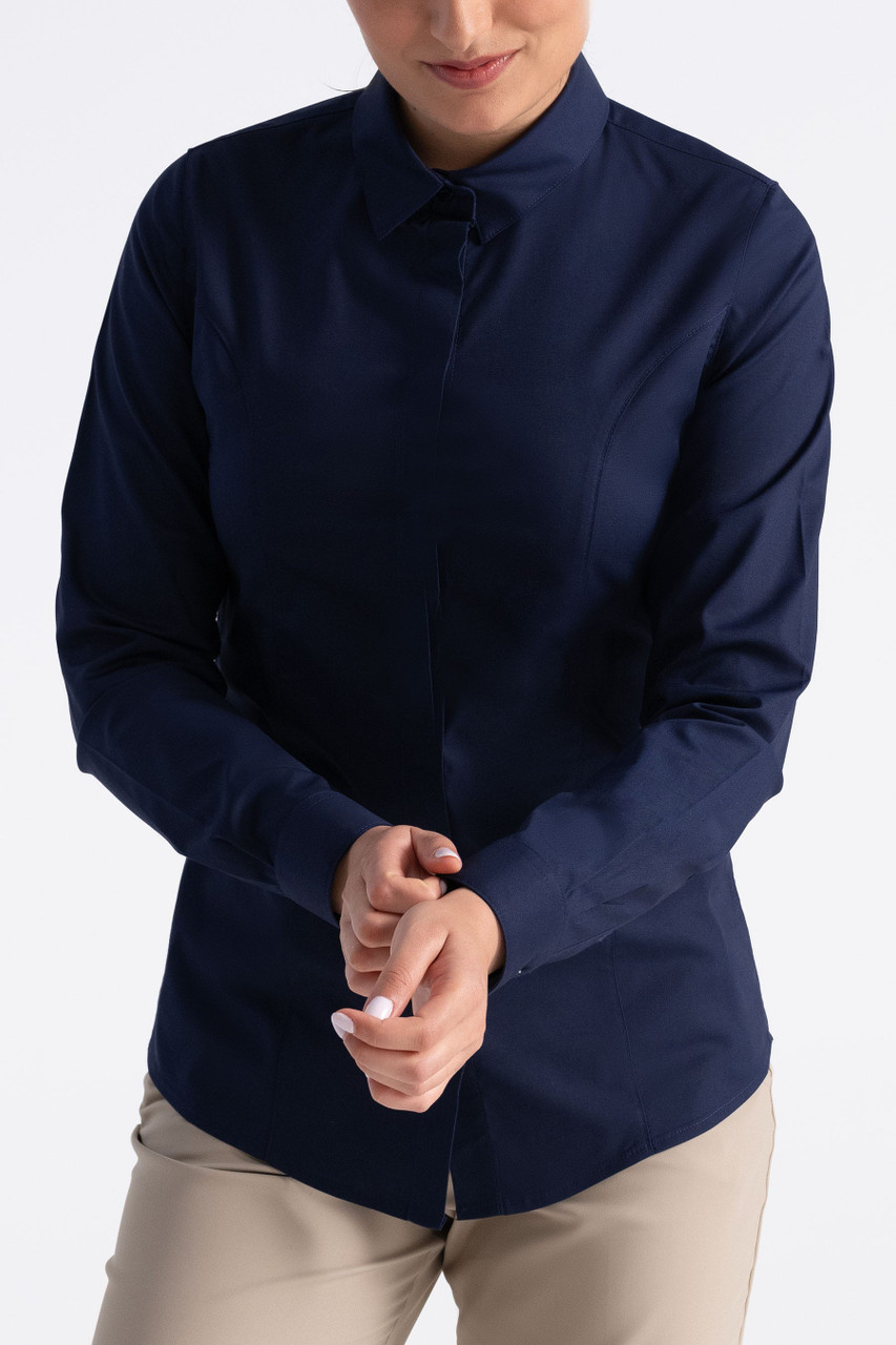 blue women's dress shirt Beauchamp Sky Oxford match buttons Chef Works W150BLKL Women's Essential