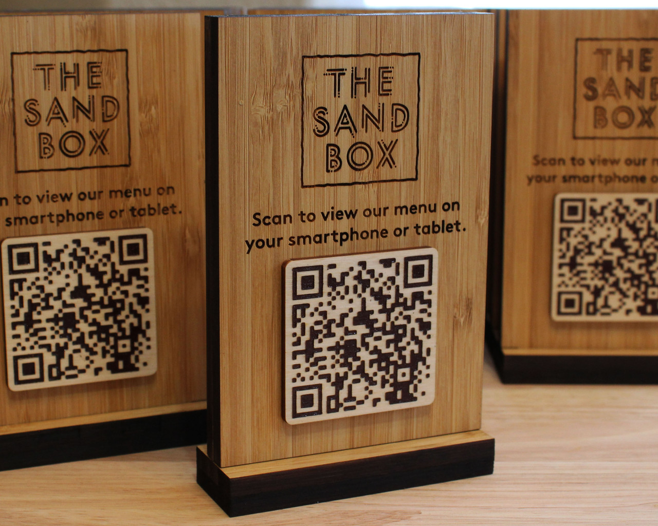 Table Scanner Menu Custom QR Code Menu Signs – Engraved Tabletop Menu Displays in Walnut ...