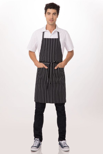 Chef Works chalk stripe bib apron with center pocket