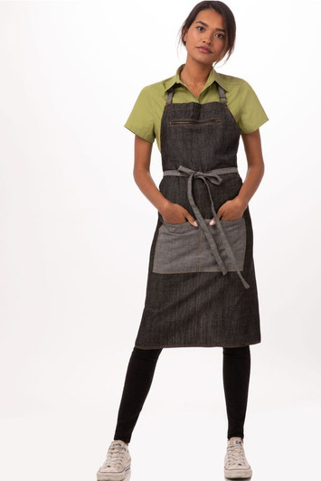 Front view of Manhattan Bib Apron in indigo blue with reverse fabric ties
