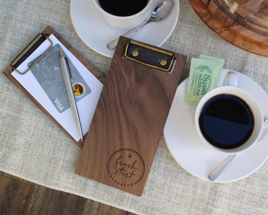 Custom walnut mini clipboard restaurant check presenter with engraved logo