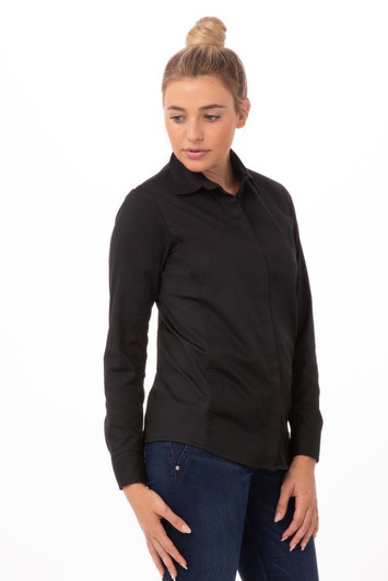 Tailored stretch server shirt for women with concealed zipper