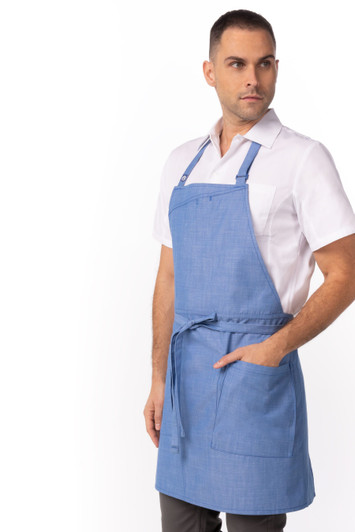 Front view of Medford Bib Apron in French Blue with crosshatch texture