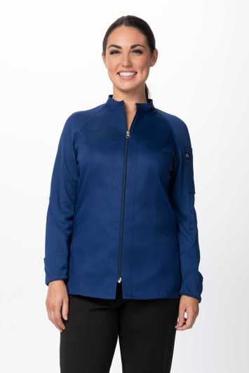 Front view of Nepal Women’s Chef Coat in ocean blue with center zipper and princess seams