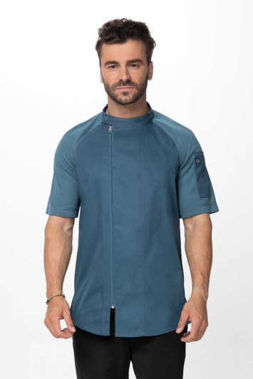 Front view of Varkala Chef Coat in teal with off-center zipper and snap collar