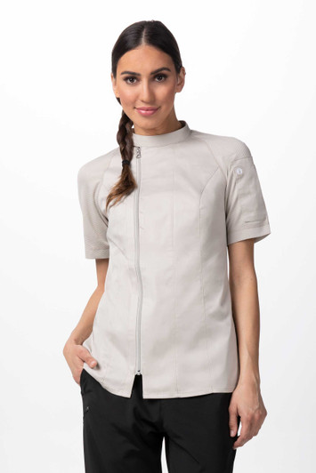 Front view of Varkala Women’s Chef Coat in natural with off-center zipper