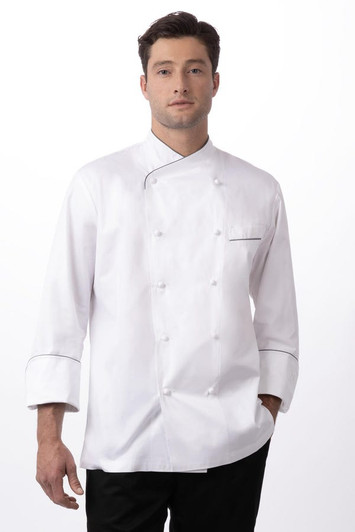 Front view of white chef’s jacket with grey piping and chest pocket