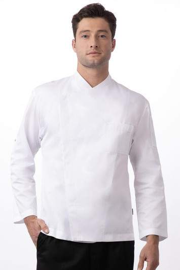 Front view of Bragard Menuire chef jacket in white with convertible sleeves