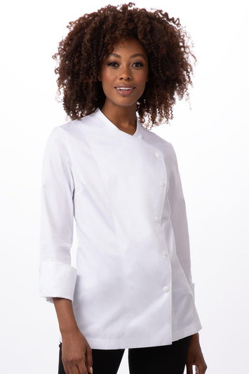 Front view of ladies’ chef jacket in white with press-stud closure