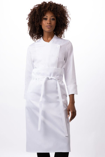 Model wearing professional white kitchen apron tied at waist