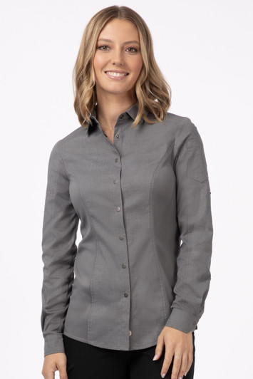 Model wearing women’s slim fit stretch chef shirt in gray