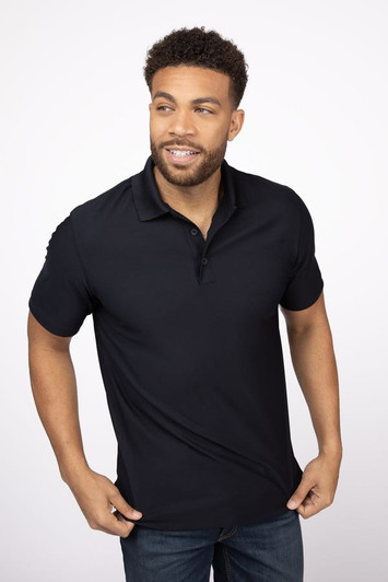 Front view of men’s form-fit black polo shirt with button placket
