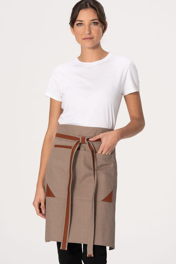 Front view of Suffen Half Bistro Apron in taupe with wide waistband and contrast trim