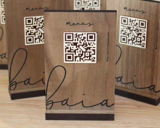 Engraved walnut QR code tabletop menu sign