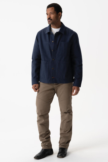 Front view of Navy Utility Chore Coat with button closure