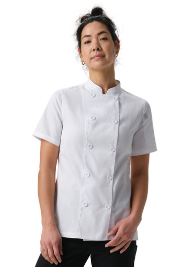 Women’s Somerville Chef Coat in White with traditional culinary uniform styling