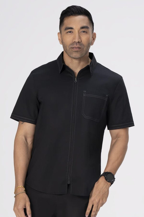 Front view of Cody Zip Work Shirt in black with zipper closure and chest pocket