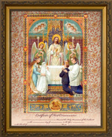 Traditional First Communion Sacrament Certificate with Angels in Gold Frame