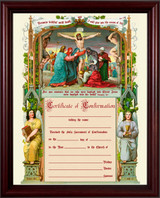 Traditional Confirmation Sacrament Certificate with Crucifixion in Cherry Frame