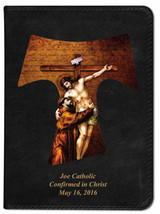 Personalized Catholic Bible with St. Francis Tau Cross Cover - Black RSVCE