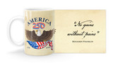 Benjamin Franklin Quote "No gains without pains”   with America250 Logo Mug