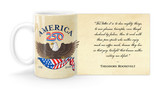Theodore Roosevelt Quote "Far better it is to dare mighty things, to win glorious triumphs"  with America250 Logo Mug
