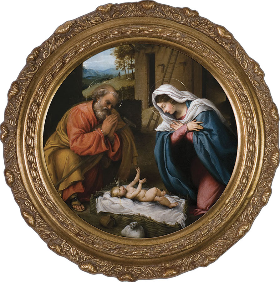 Nativity With Reaching Jesus Canvas Round Framed Art Nelson