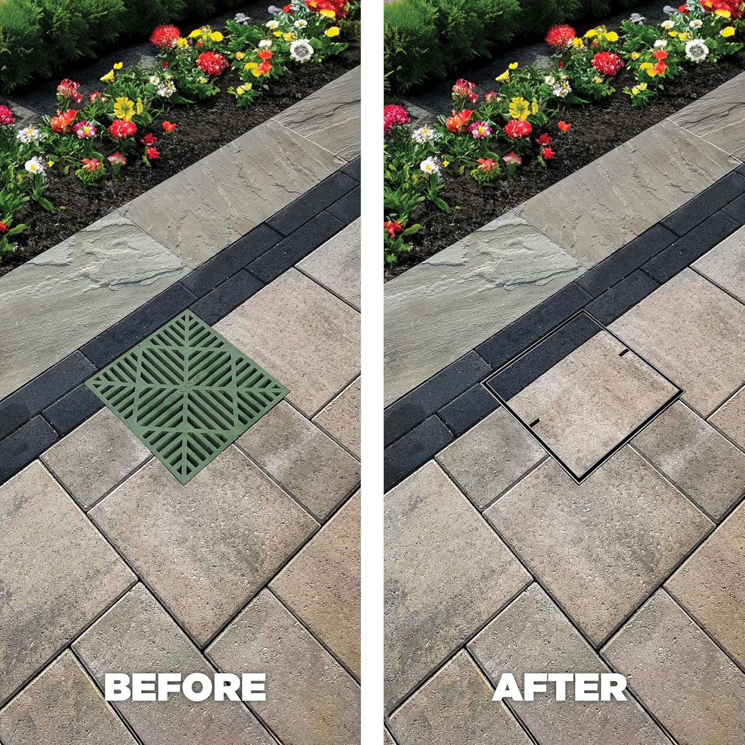 Before and after comparison replacing a green drain grate with a paver-inlay HIDE cover