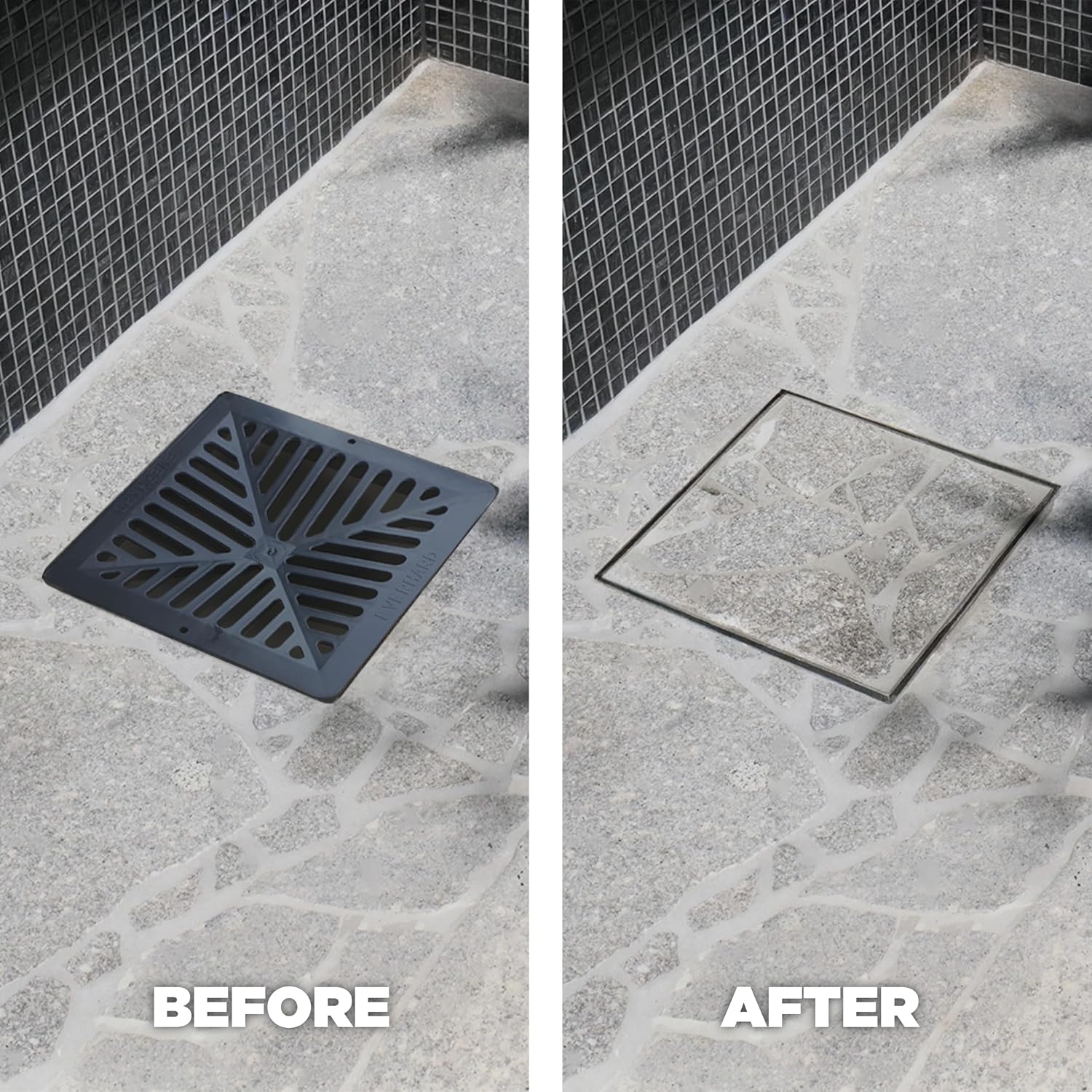 Before and after comparison replacing a visible drain grate with a stone-inlay HIDE cover