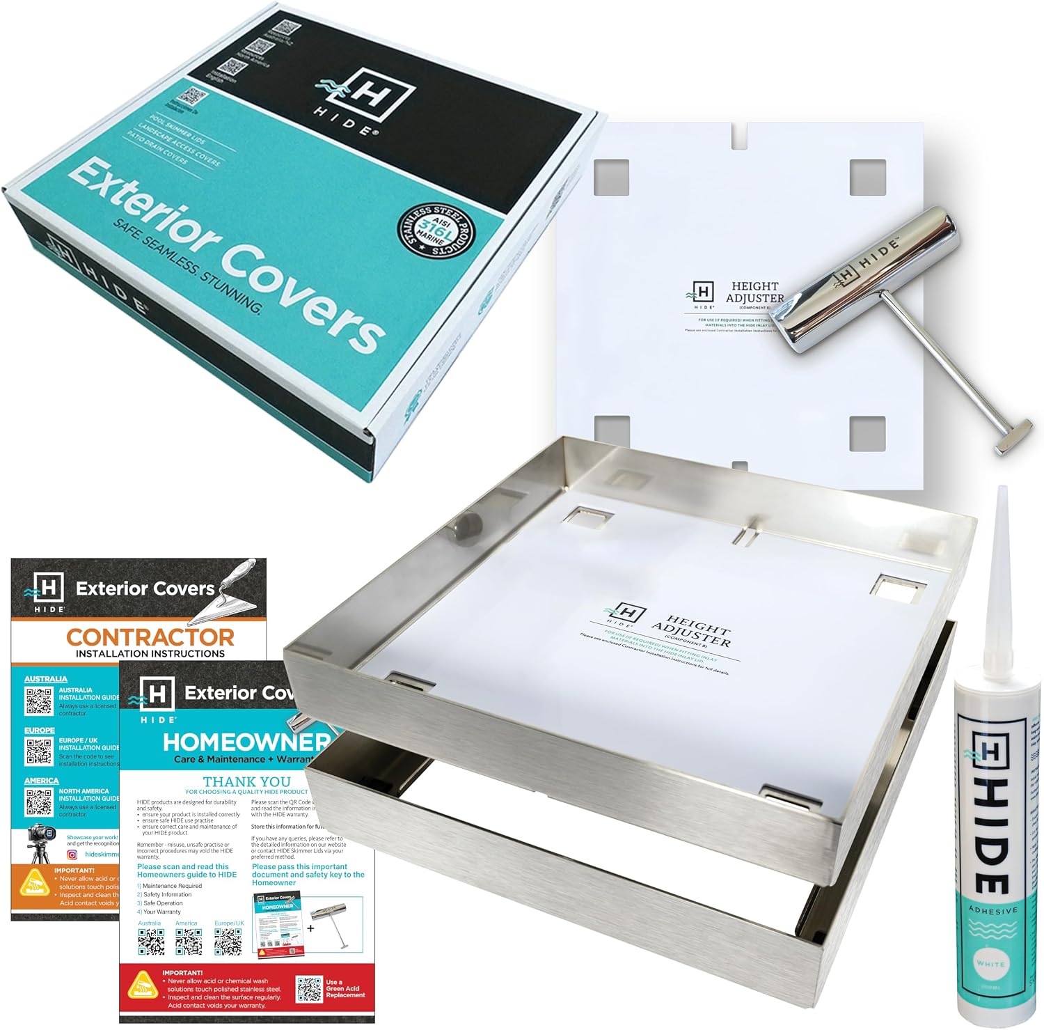 Representative HIDE cover kit with stainless-steel frame and tray, safety key, height adjuster, adhesive and documentation
