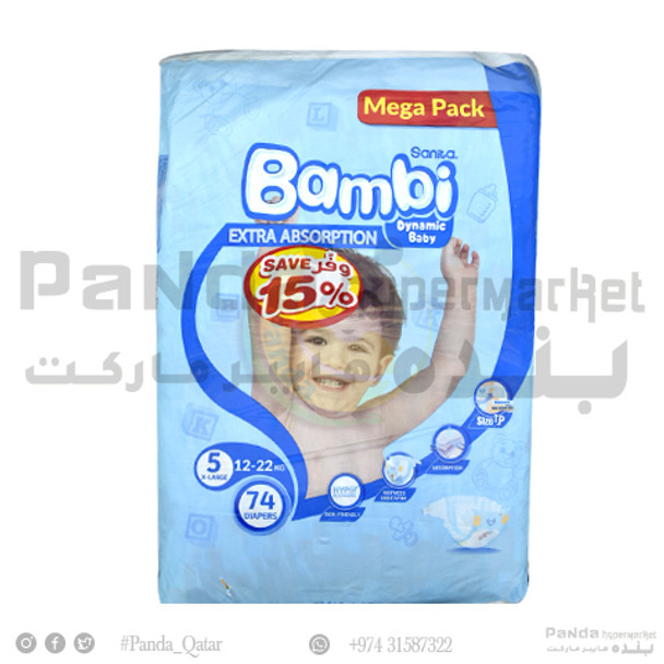 Bambi Mega Xlarge Diaper Size 5, 12-22kg 74pcs