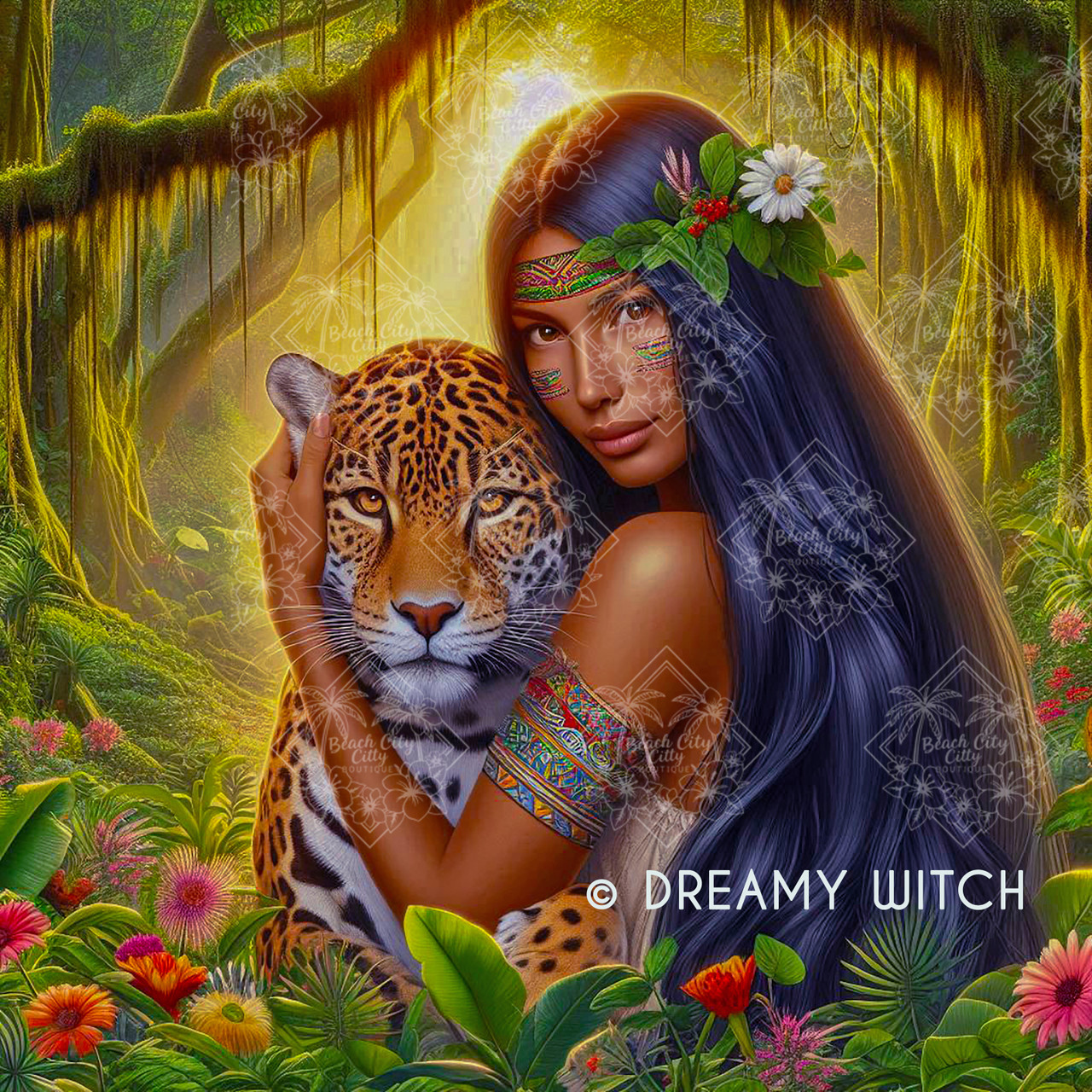 Amazonian Muse: Woman and Jaguar - Dreamy Witch Licensed Diamond