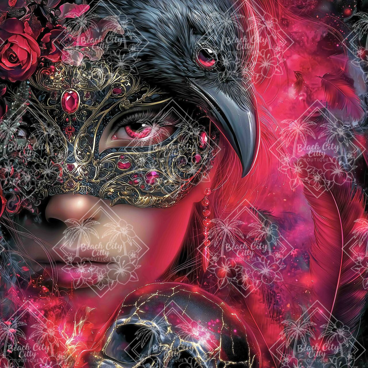 Crimson Raven Masquerade ©Sweet Loco AI – Licensed Diamond Art Kit