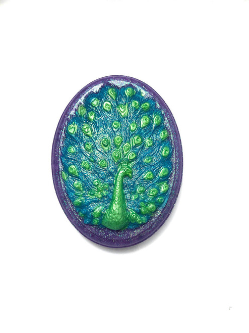 Beach City Boutique Peacock Oval Soap - Handcrafted Luxury Bath Bar with a Purple Background, Customized Scent, Optional Glitter 