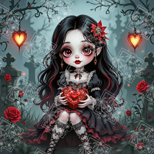 Gothic Valentine – Dark Romance – Diamond Art Kit

Celebrate love with a shadowy twist. This whimsical gothic Valentine art features a cartoon-style young girl dressed in a frilly black-and-crimson outfit, surrounded by fluttering bats, thorny roses, and glowing heart lanterns. With moody elegance and sweetly dark charm, she captures the spirit of romance through a beautifully alternative lens. Perfect for lovers of gothic style, dark whimsy, and all things enchantingly offbeat.