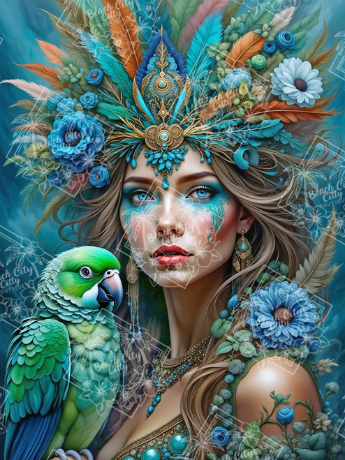 Spirit of the Feathered Crown – Diamond Art Kit

Experience the magic of Spirit of the Feathered Crown. This powerful design showcases a Native American woman wearing a grand feathered headdress, her eyes highlighted with turquoise paint. A green parrot perches beside her while teal blossoms radiate dreamlike light around them. With its intricate details and glowing atmosphere, this diamond art kit is perfect for crafters who love bold, majestic, and mystical artwork.